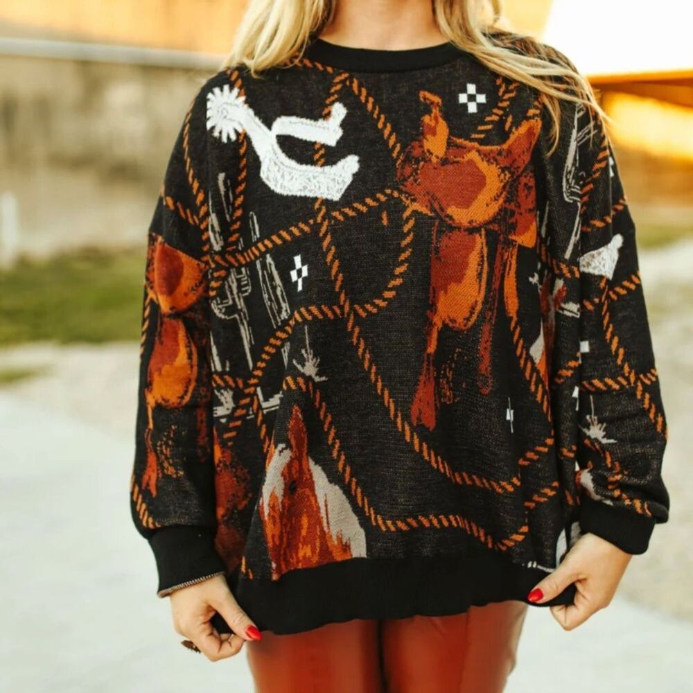 2 Fly Boutique NWT Sweater Horse Tack Knit Spurs Rope Western L-3X